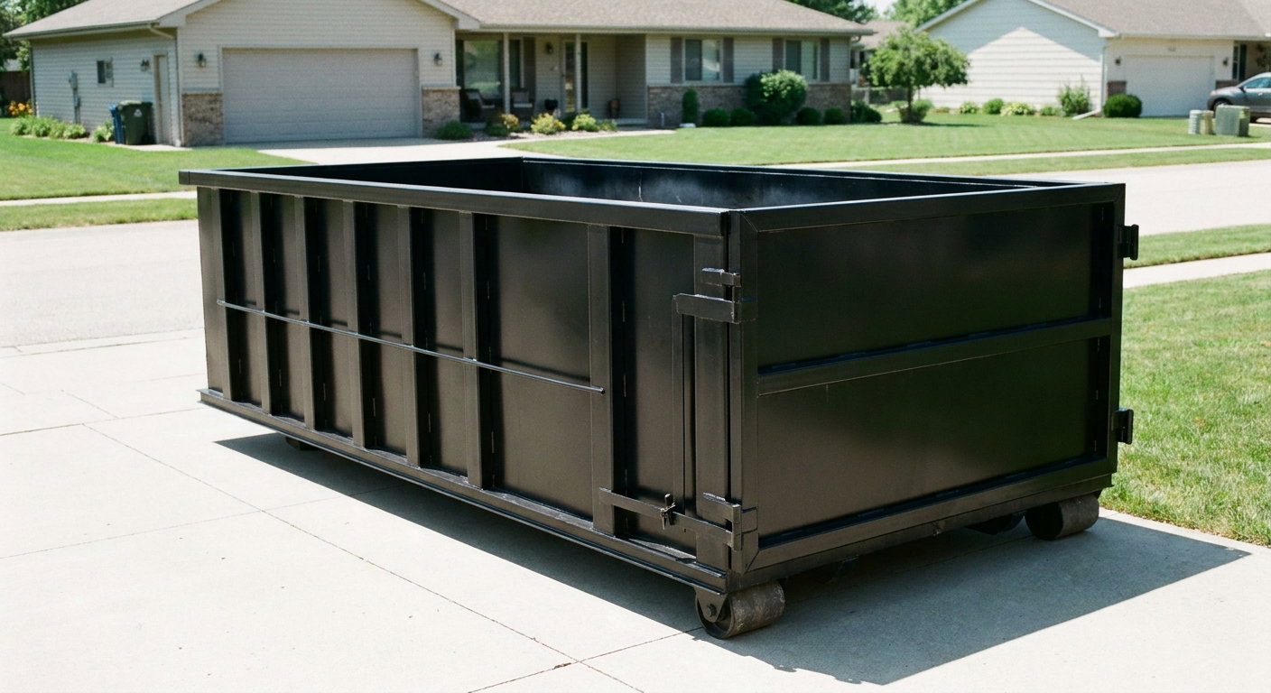Matte-black 10-yard roll-off dumpster on a residential concrete driveway in Burbank, uniformly painted matte black across every panel and rail, ribbed steel sidewalls and rear swing door visible, mid-day daylight.