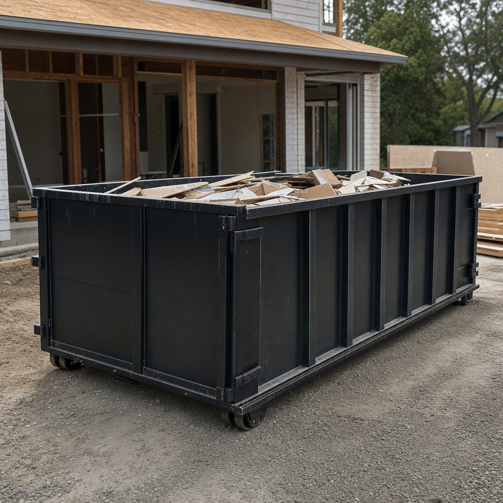 Large matte-black 30-yard construction roll-off dumpster at an active Burbank jobsite, steel-gray top rails and bottom rollers visible, loaded with construction debris.