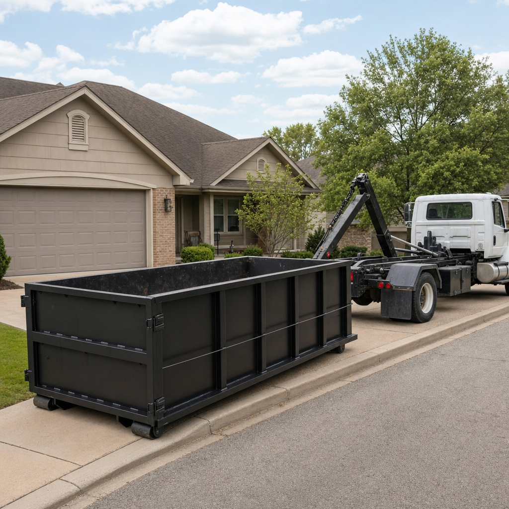 Wide documentary shot of a matte-black roll-off dumpster on a Burbank residential driveway in the foreground and a contractor jobsite container in the soft-focus background, bright daylight, calm and orderly composition.