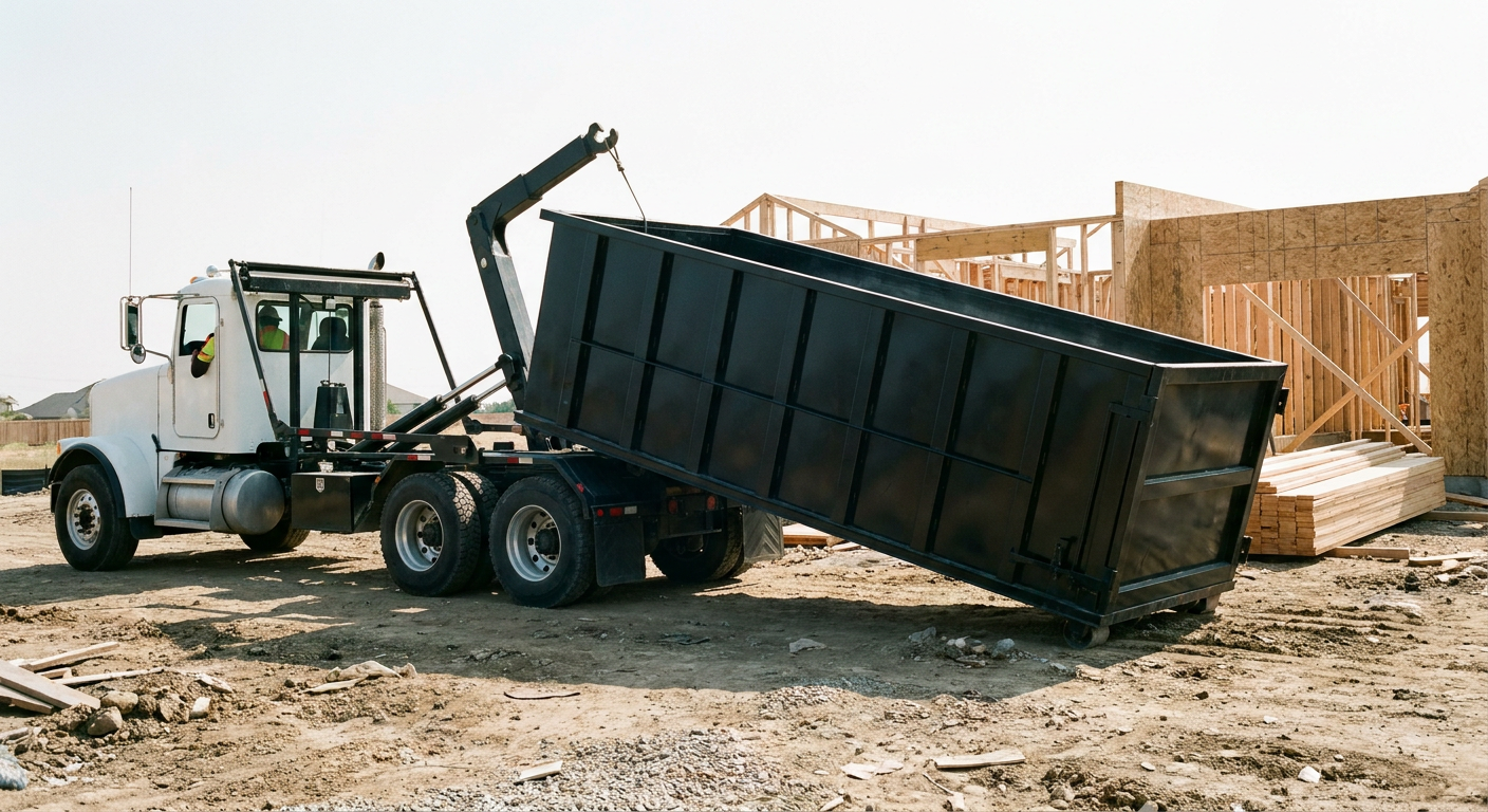 Matte-black roll-off dumpster being delivered onto a clean residential concrete driveway in Burbank by an unmarked white hooklift hauler truck, bright morning daylight, documentary 35mm perspective.