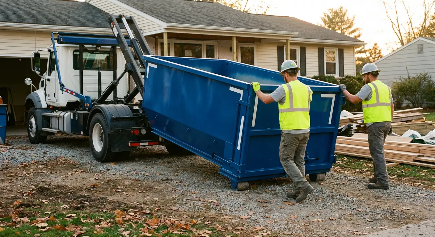 Construction dumpster delivery truck in action in Burbank, CA