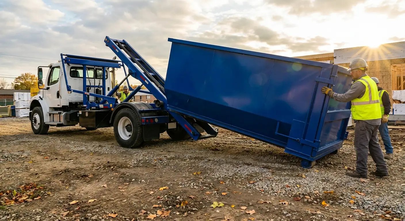 Construction dumpster delivery truck at job site in Burbank, CA
