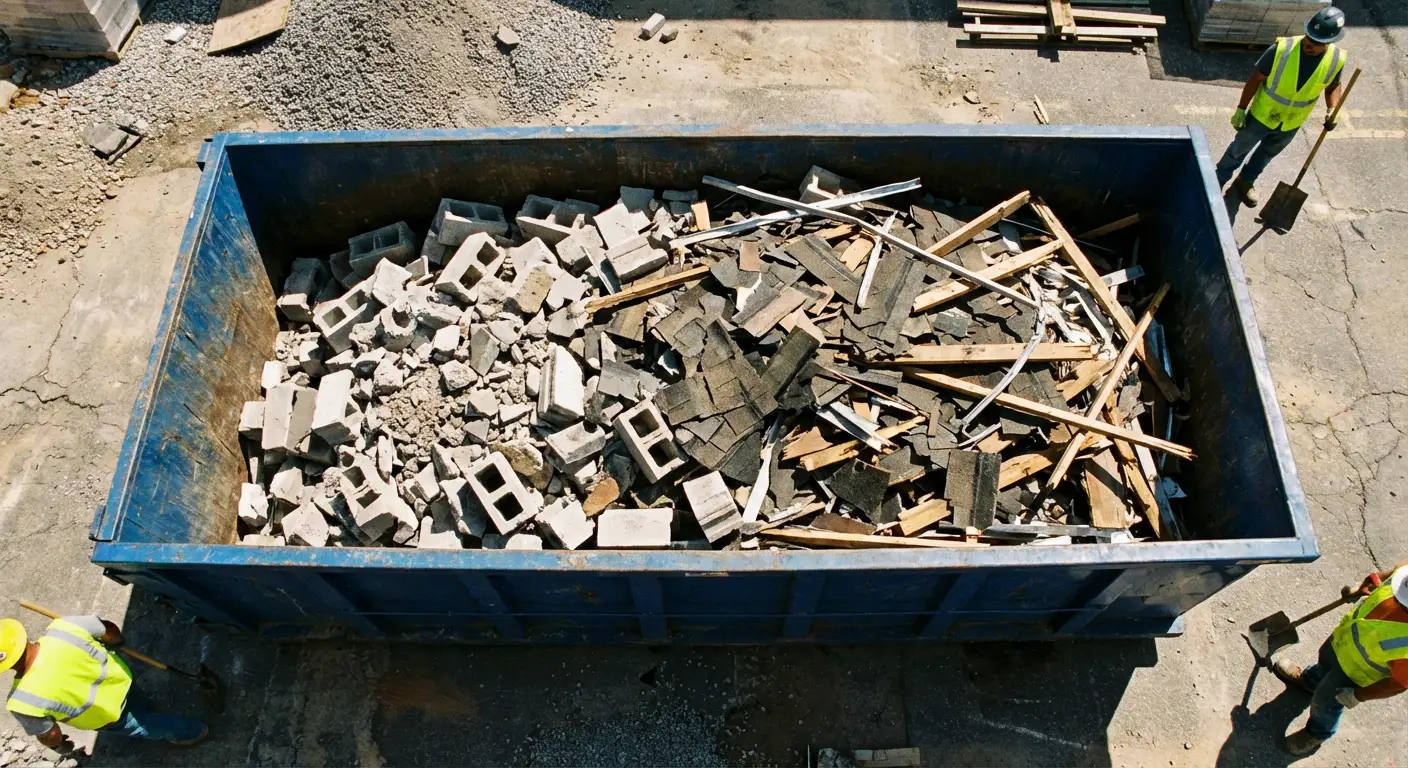Roll-off dumpster loaded with construction debris in Burbank, CA